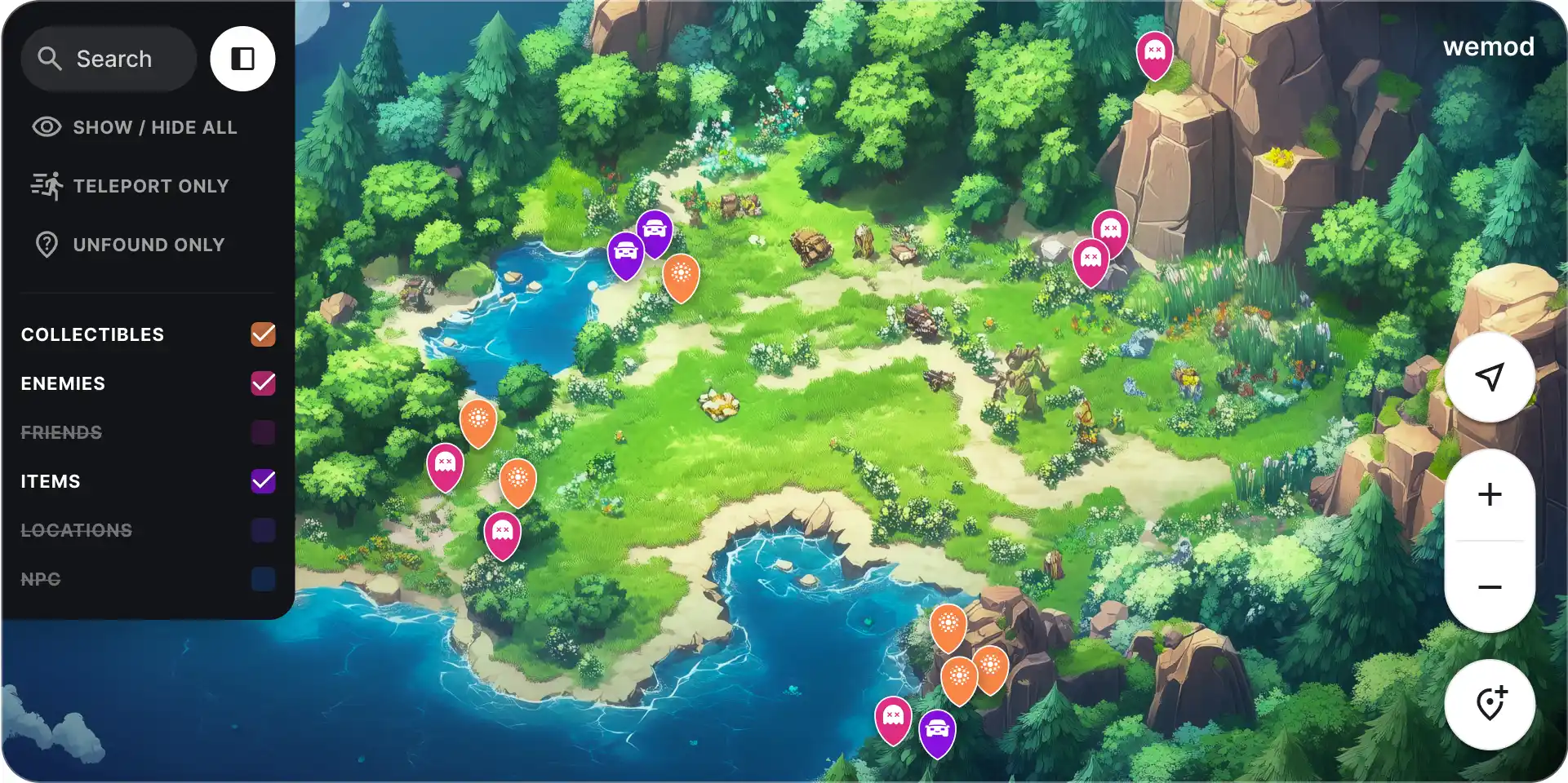 WeMod interactive map with collectible filters, markers, and teleport controls